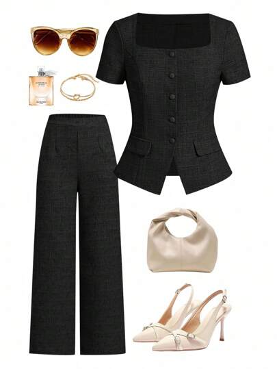 Ellevyn 大码优雅通勤纯色前扣衬衫