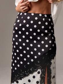AiiRZ 波尔卡圆点黑白蕾丝边高腰侧开衩长裙优雅晚会场合装婚礼宾客节日夏秋时尚 - 黑與白 - 查看 5