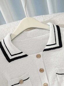 Franclia Áo khoác cardigan dệt kim đơn hàng ngày, tay ngắn, kẻ sọc dành cho nữ - trắng - Xem 5