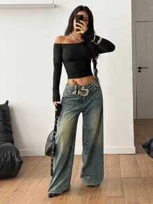 Coolane Áo thun crop top hở vai cổ bất đối xứng màu đen co giãn, tối giản Y2K, mặc thường ngày, ấm áp, có mũ trùm đầu, chất liệu nỉ dành cho nữ mùa thu - màu đen - Xem 6
