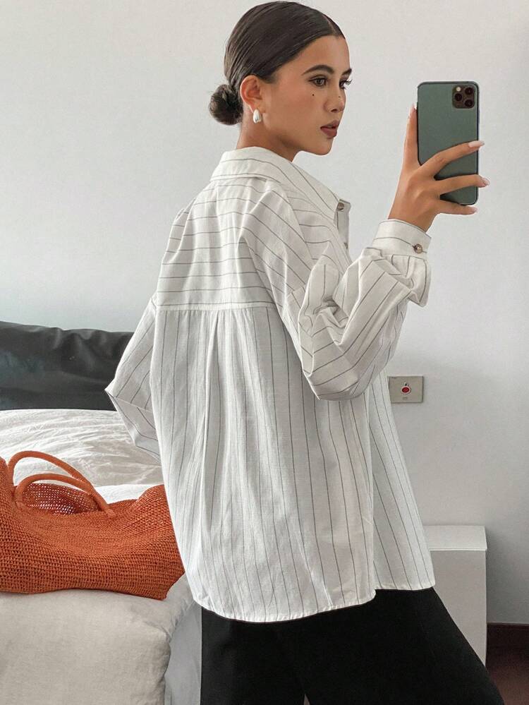 Striped Pattern Embroidered Loose Long Sleeve Turndown Collar Casual Shirt For Women, Autumn/Winter