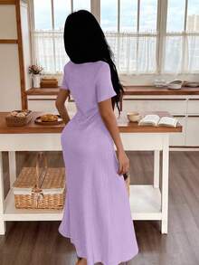 SHEIN 女士休闲纯色提花褶皱荷叶边方领长款连衣裙家居服 - 紫色 - 查看 2