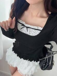 FRIFUL Women's Square Neck Polka Dot Patchwork Drawstring Bow Decor Ruffle Hem Long Sleeve Slim Fit Versatile T-Shirt, Autumn Cute Tops