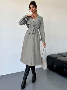 Firerie Elegant Design Waist Cinched A-Line Long Sleeve Trench Coat, Autumn/Winter - Light Grey - View 5