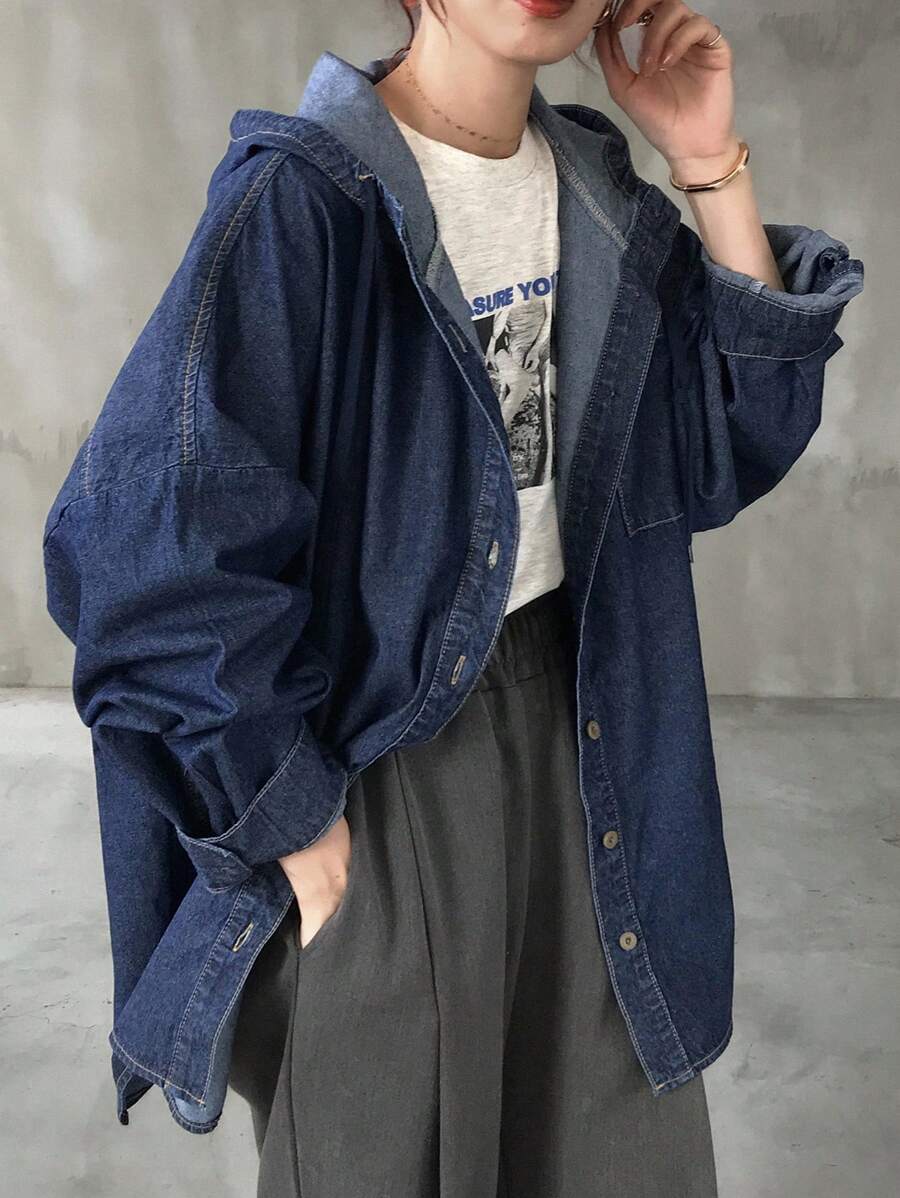 FRIFUL 女士休闲水洗落肩宽松连帽牛仔夹克