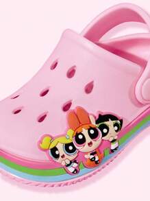 THE POWERPUFF GIRLS X SHEIN 可爱卡通粉色女童儿童一脚蹬花园木屐幼儿和婴儿防滑透气速干水鞋，轻便耐用的 EVA 材质，花朵、泡泡和毛茛图案，适合室内、浴室、游乐场、游泳池、沙滩淋浴拖鞋凉鞋室内外 - 彩色 - 查看 2