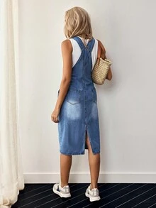 EMERY ROSE Slant Pocket Split Back Denim Overall Dress Without Tee