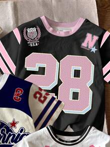 3 件套青少年女孩休闲时尚运动针织上衣，加州 23 图案、28 数字、66 脸字母印花，返校短袖圆领 T 恤服装，适合夏季和秋季 - 彩色 - 查看 3