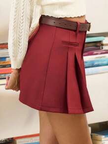 lacRébo Gonna plissettata in vita alta di colore rosso vino con tasche a filetto, gonna adatta per il ritorno a scuola, outfit da insegnante, gonna da ufficio