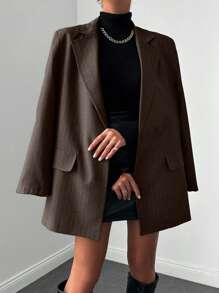 SHEIN Plus Women's Fashion Commuter Striped Blazer - Brown - View 4