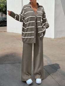 EURMUSE Women Striped Sweater Cardigan And Pant Set,Co Ord,Winter Clothes - Mocha Brown - View 4