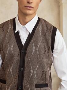 Manfinity CityGents Men's Old Money Casual Commuter Diamond Pattern V-Neck Knit Vest With Pockets Brown Vest Men Sweater Vest Old Money Aesthetic, Fall/Winter