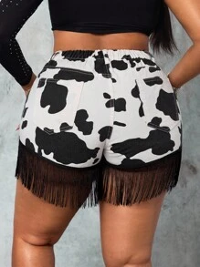 Slaydiva Quần short denim tua rua họa tiết bò cỡ lớn thời trang cá nhân hóa cho nữ phong cách Old Money thanh lịch mùa thu - Đen và trắng - Xem 2