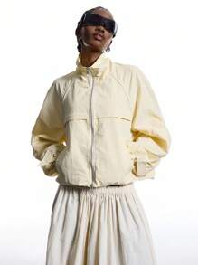 LYSMO Áo khoác dáng rộng tay dài raglan màu trơn có khóa kéo phía trước dành cho nữ - Màu vàng - Xem 4