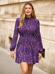 EMERY ROSE Women's Lantern Sleeve Allover Printed Dress