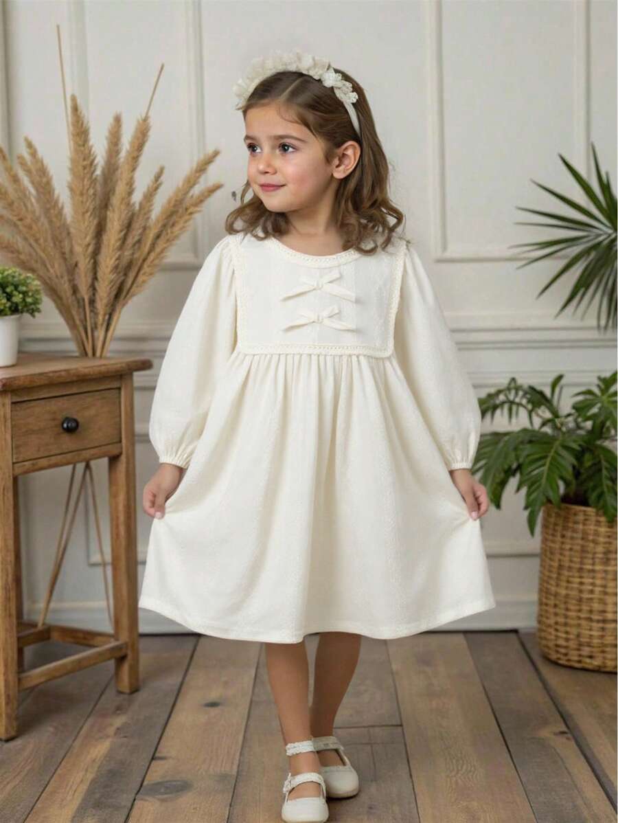 SHEIN L012 Spring & Autumn New Embroidered Round Neck Long Sleeve Simple Girls Dress - Apricot - View 1