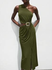 Maija 2025 秋季婚礼宾客时尚优雅早午餐装、机场装、波西米亚度假风格、音乐节、复活节、毕业季日常休闲腰部金属装饰不对称肩部中长连衣裙、商务休闲都市通勤时尚优雅复古女士办公室装 - 軍綠色 - 查看 1