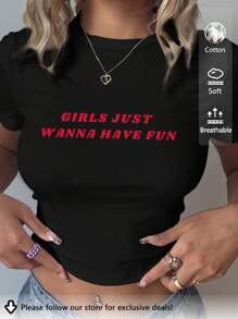 SHEIN EZwear Casual Minimalist Pattern Round Neck Short Sleeve Fitted Cropped Women T-Shirt, Suitable For Summer - Black - View 1