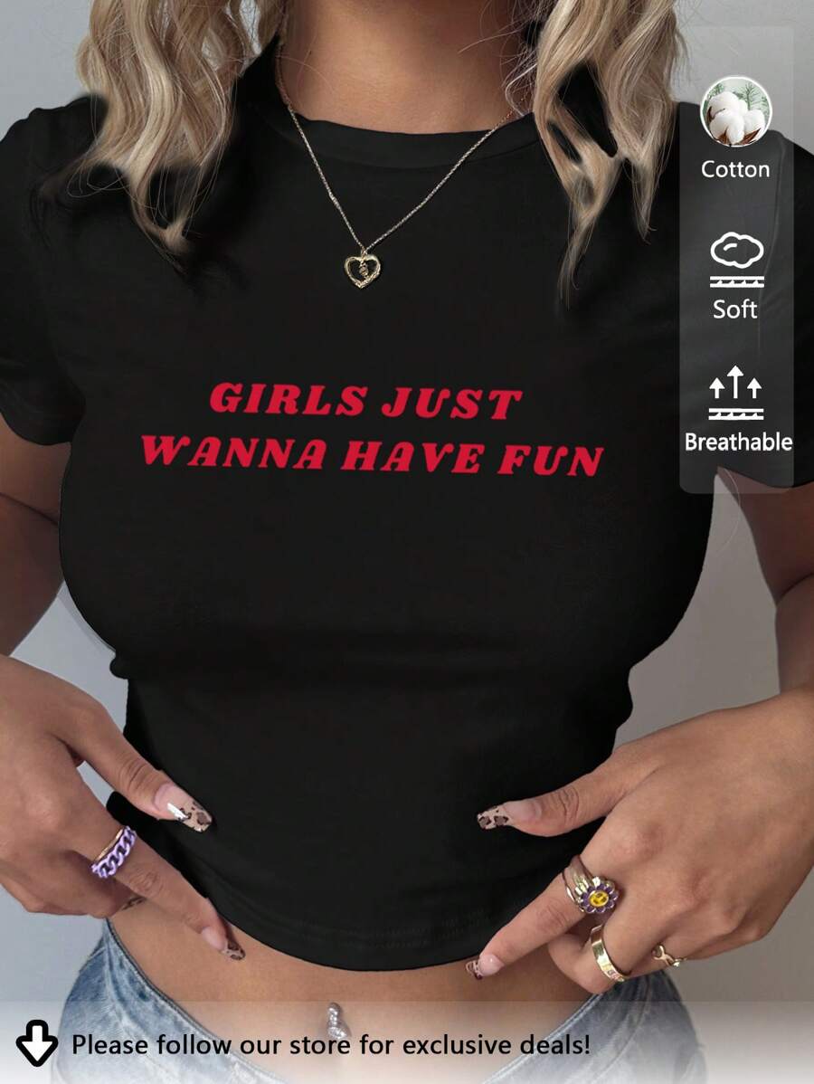 SHEIN EZwear Casual Minimalist Pattern Round Neck Short Sleeve Fitted Cropped Women T-Shirt, Suitable For Summer - Black - View 1