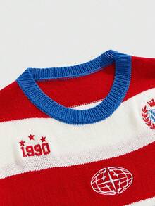 ROMWE MEN Prep Chaleco de punto con rayas de contraste y patrón de letras para hombre, otoño e invierno - Azul - Ver 3