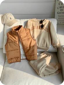 SHEIN 3pcs/Set Young Boy Back To School Casual Comfortable Versatile Quilted Coat, Crew Neck Sweatshirt, And Pants Tracksuit Set, Winter, Fall Clothes - Apricot - View 5