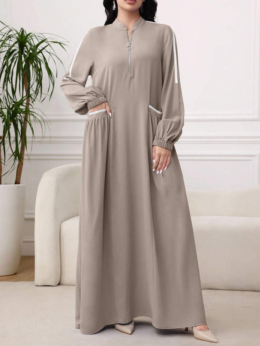 Al Najma 女士拉链长袖时尚口袋温柔优雅阿拉伯风格连衣裙，休闲运动风，适合日常休闲/工作/返校，超长阿拉伯连衣裙 - 卡其色 - 查看 1