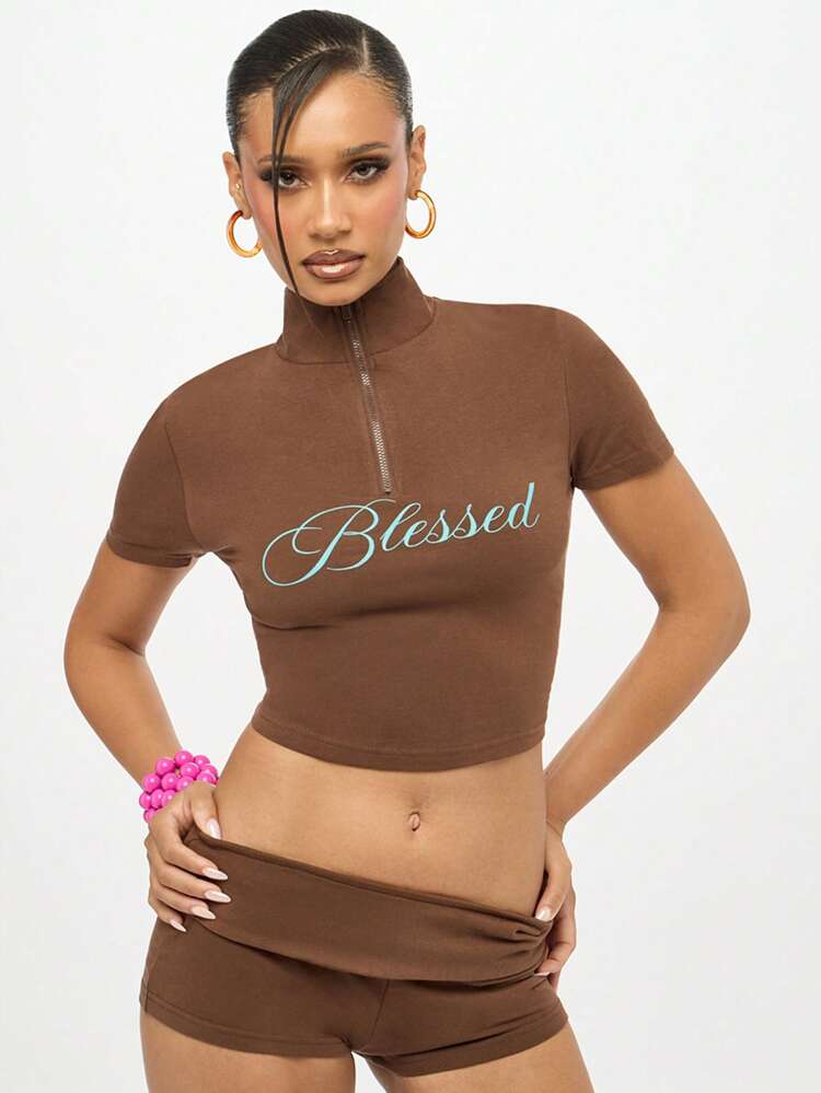 SUMWON WOMEN High Neck Crop Top And Booty Shorts Set