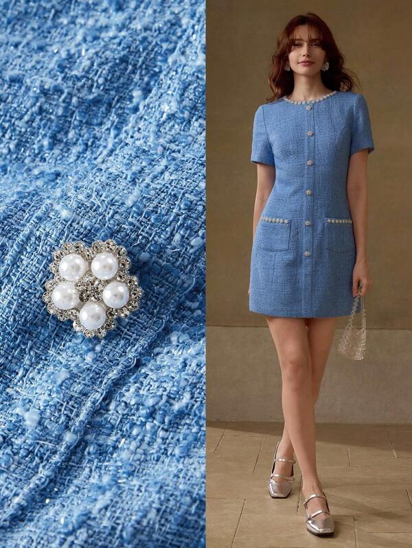 MOTF PREMIUM VESTIDO CORTO AJUSTADO CON DETALLES DE PERLAS FALSAS Y RHINESTONES DE TWEED