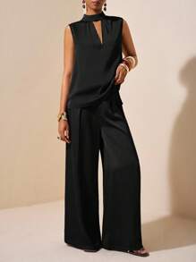 Zivah 2025 春夏新款音乐节、复活节、圣帕特里克节、西部风、游牧风、生日派对、毕业典礼、学院风、学生装、日常休闲、基础百搭、休闲、邮轮旅行、海滩、日光浴、病毒式传播、街头服饰、婚礼宾客波西米亚风、通勤、早午餐、机场装 2 件套：棕色缎面醋酸亚麻仿高领褶皱无袖上衣和西装裤 - 黑色 - 查看 4