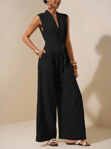 Zivah 2025春夏新款杏色无袖不对称褶饰腰带纹理亚麻连体裤-B - 黑色 - 查看 5