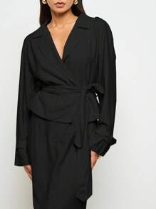 AiiRZ Lightweight Linen Blend Cropped Trench Jacket Wrap Front With Belt Adjustable Sleeves Professional Office Wear Spring Autumn Outerwear - Black - View 4