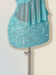 SHEIN ICON Women's Summer Casual Vacation Ruffle Trim Camisole Top & Mini Skirt 2 Pieces Set Fall Women Clothes Aqua Dress Sequin Dress - Teal Blue - View 8