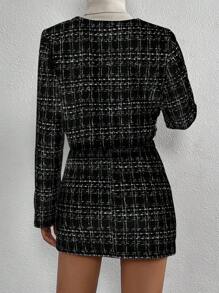 SHEIN Clasi Plaid Button Front Crop Jacket & Skirt Fall Cloth For Women - Black - View 2