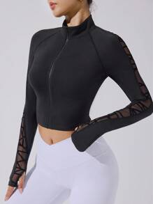 Dewbera Plain Knitted Crop Top Jacket For Women With Stand Collar And Breathable Sheer Panels Gym Shirt Women Long Sleeve Gym Top - Black - View 3