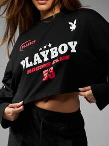 Missguided x Playboy 赛车俱乐部长袖短款 T 恤复古汽车俱乐部衬衫，带有赛车旗帜复古风格格子旗设计编号 53 秋冬街头服饰 - 黑色 - 查看 3