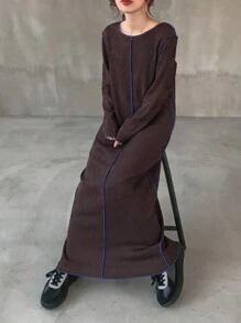 FRIFUL Women's Round Neck Long Sleeve Contrast Color Straight Loose Casual Long Dress, Autumn