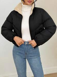 SHEIN PETITE Women's Zipper Long Sleeve Fashionable Popular Winter Insulated Padded Coat, Dress Casual ,Business Casual Outfits Women,Fall Clothes For Women,Going Out Tops