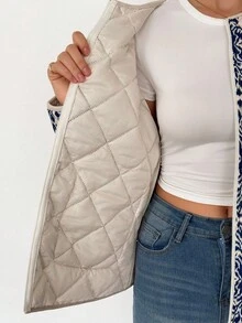 SHEIN Tall Women's Floral Print Long Sleeve Zip Front Casual Winter Jacket Printed Jacket Blue Jacket - Blue and White - View 8