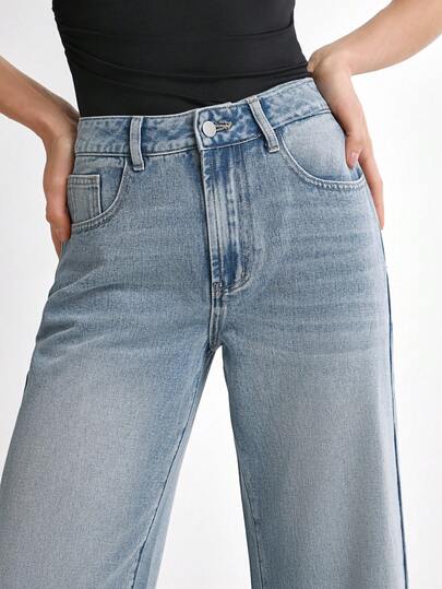 Daynim 女士口袋直筒宽松休闲牛仔裤