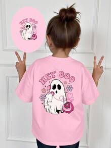 SHEIN Playful Pals Girls' Casual Halloween Themed Cute Ghost & Colorful Letter Print Basic Short Sleeve T-Shirt, Pink Cute Ghost Shirt Girls Graphic Tee Kids Tshirt Hey Boo Shirt Pink Girls Top
