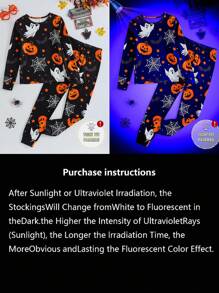 SHEIN 青少年男孩夜光万圣节南瓜和鬼魂印花紧身睡衣套装，长袖上衣和裤子，2 件套，返校时尚万圣节男童紧身睡衣 - 黑色 - 查看 7