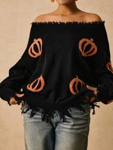 SHEIN VCAY 大码休闲提花露肩斜领温暖柔软百搭南瓜图案万圣节毛衣，秋季南瓜毛衣露肩毛衣女毛衣流苏毛衣 - 藕粉色 - 查看 5