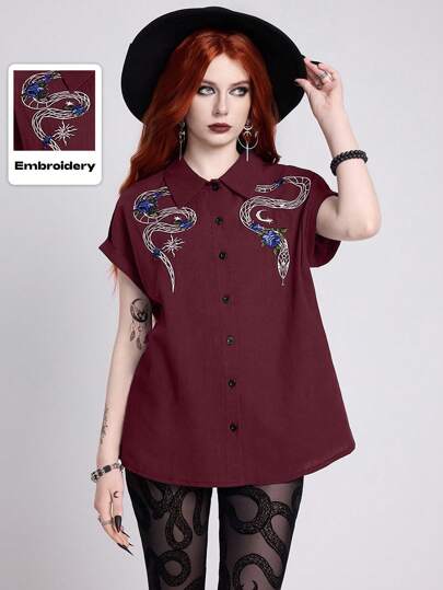Gothic Style Snake & Floral Embroidery Women Blouse