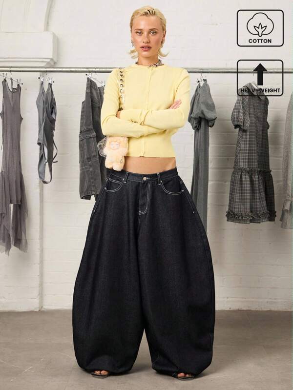 COUREZ Jeans de tiro bajo con globo holgado y lavado azul claro / Ropa de invierno Y2K para mujeres, atuendos de invierno para mujeres, atuendos para salir, jeans holgados de algodón, jeans Y2K, ropa de calle