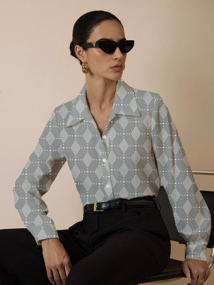 Shutterstock Glamance Camisa de Manga Longa com Estampa Geométrica Casual e Elegante para Mulheres, Blusas Casuais para Escritório, Blusas Casuais de Negócios para Mulheres, Blusas com Estampa Geométrica, Blusas Ajustadas, Blusas Casuais de Negócios para Mulheres, Camisas Elegantes para Mulheres - Branco - Visão 1