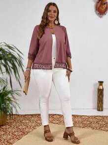 EMERY ROSE Plus Size Women's Solid Color Lace Patchwork Round Neck Casual Lightweight Blazer Winter Fall Autumn - Dusty Pink - View 3