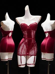 SHEIN Bộ 4 váy ngắn gợi cảm bằng vải satin và ren không dây - Màu Đỏ Sâu - Xem 6