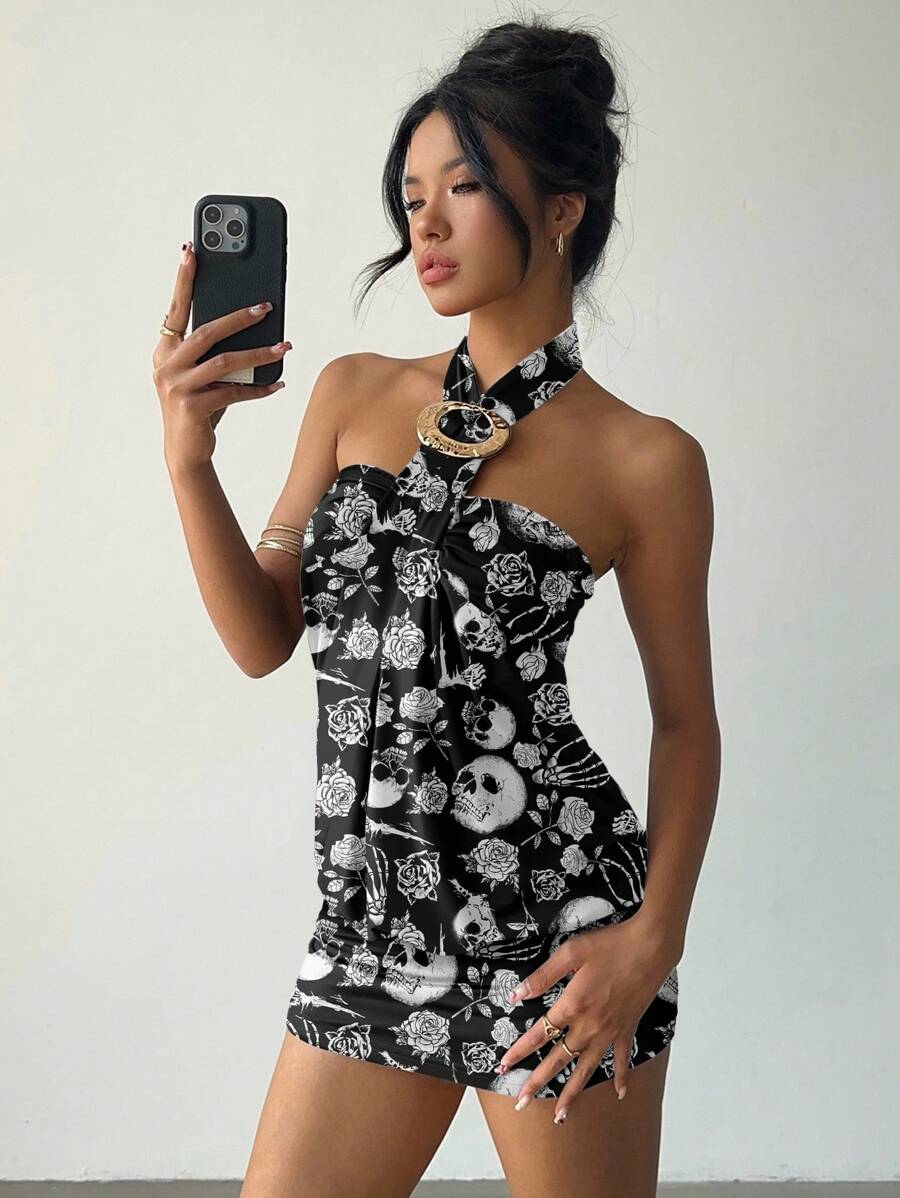 Aloruh Đầm ngắn hở lưng họa tiết hoa hồng xương rồng gợi cảm phong cách Halloween Y2K dành cho nữ, đầm Halloween - màu đen - Xem 1