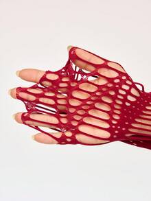ROMWE Grunge Punk 1 双性感渔网袜，酒红色镂空吊带款式，简约几何镂空设计，超薄弹力透明紧身裤 - 酒紅色 - 查看 4