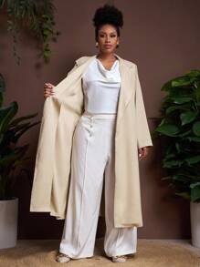 Veslaya Plus Size Women's Solid Color Lapel NeckLong Sleeve Long Casual Blazer Jacket In Fall/Winter - Khaki - View 8